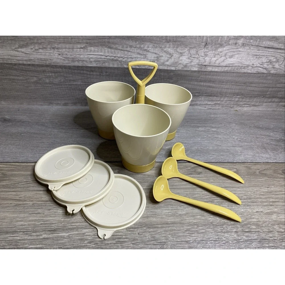 Vintage Tupperware Gold and Almond Condement‎ Caddy Set w/ Cups, Lids & Spoons